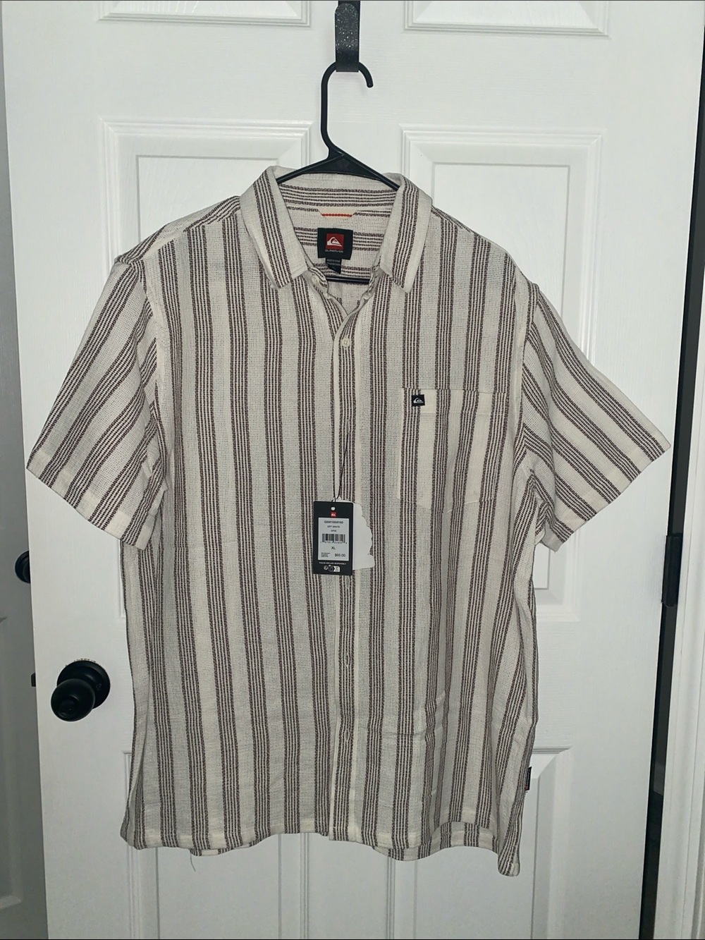 Quiksilver Beige and Brown Striped Short-Sleeve Button-Down Shirt